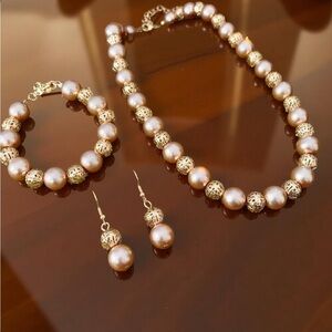 3pc Imitation Pearl Chocker Necklace Bracelet Earrings Set Women & Girls Jewelry